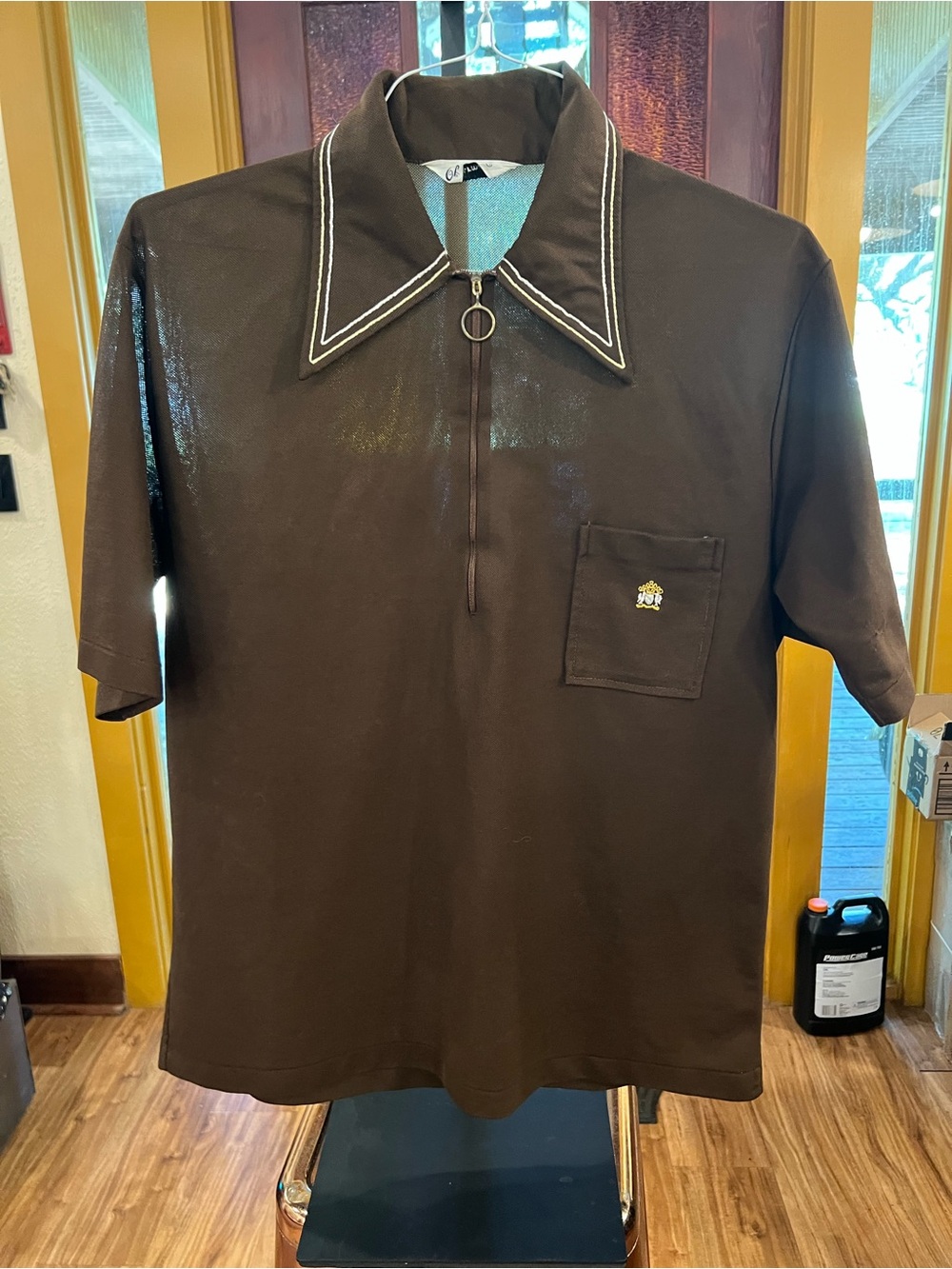 Vintage Oleg Cassini Men's Dark Brown Polo with Contrast Stitching